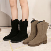 2025春秋冬季 中筒单靴真皮靴子磨砂牛皮平跟雪地女靴棉靴大码 4143