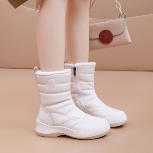 白色雪地靴女冬季 4142 加绒加厚保暖棉靴子东北防滑软底中筒靴大码