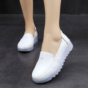 平底护士鞋 女鞋 小白鞋 大码 牛皮鞋 2021夏秋季 单鞋 牛筋底白色工作鞋