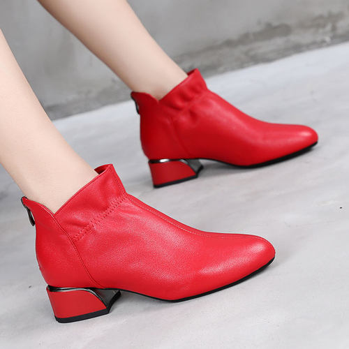 短靴婚鞋真皮粗跟踝靴橡胶底