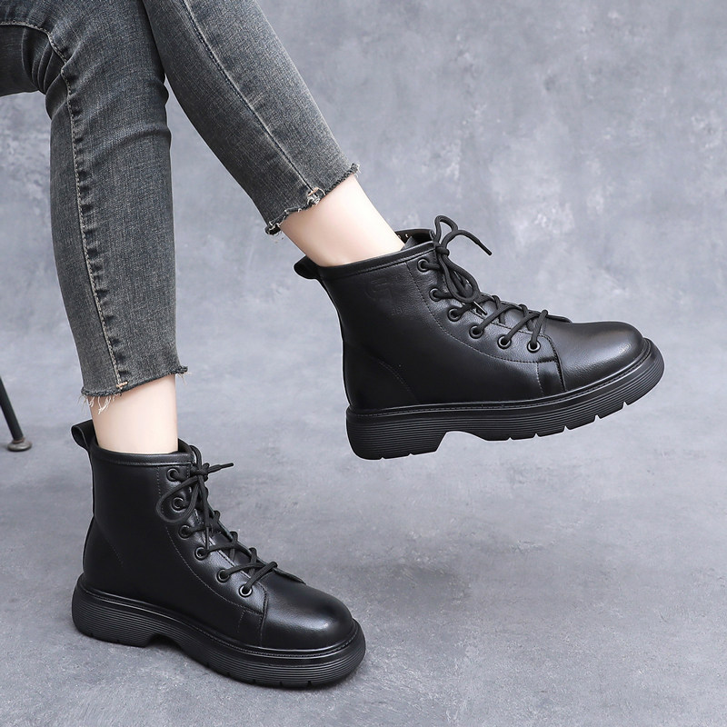 真皮厚底女靴马丁靴秋冬季系带黑色皮靴春秋单靴子松糕短靴舒适,女鞋,马丁靴,淘宝优惠券,粉丝福利购,淘宝优惠卷