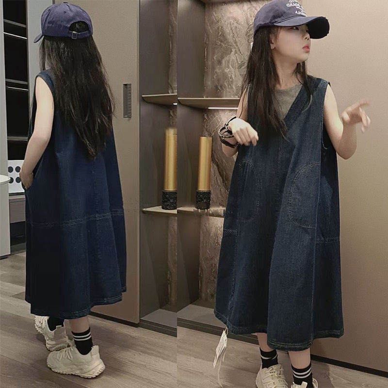 女童夏季连衣裙牛仔裙2025新款儿童无袖裙子长款洋气夏装女孩大童