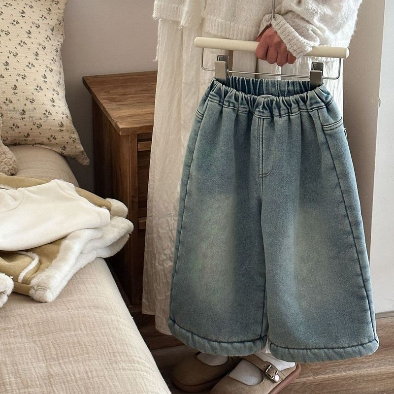 儿童男女秋冬加绒加厚牛仔裤新款一体绒时尚直筒阔腿裤宝宝裤子潮