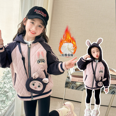 女童2025新款加绒外套儿童洋气棉衣秋冬款女宝加厚上衣夹棉棒球服