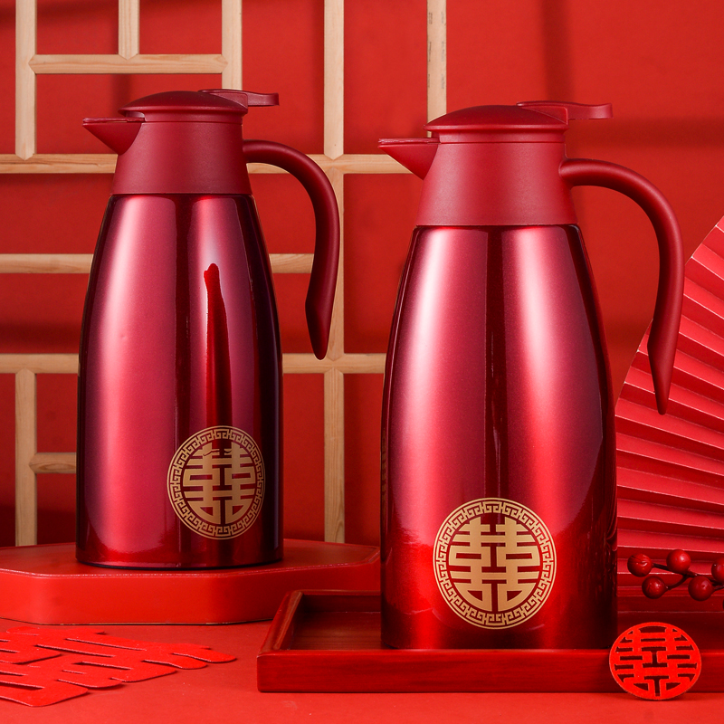 结婚红色保温壶一对陪嫁嫁妆喜壶