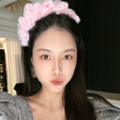 LASS LIZ原创设计发卡2025秋冬新款 甜美粉色毛毛褶皱宽边头箍