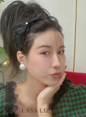 LASS LIZ原创设计师配饰2025新款法式浪漫水钻黑色蝴蝶结精致发箍