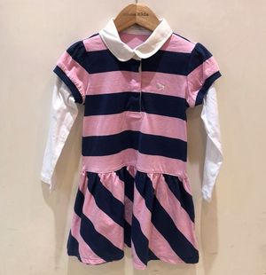 特价 韩国女童玫粉色条纹假两件针织连衣裙