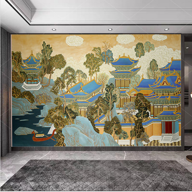 新中式山水画电视背景墙壁纸茶室饭店餐厅墙纸沙发客厅影视墙壁画_虎窝淘
