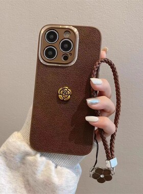 适用opporeno12手机壳reno14/reno13/reno9小香风金圈山茶花手绳reno11pro高档皮质保护套奢华创意女全包软壳