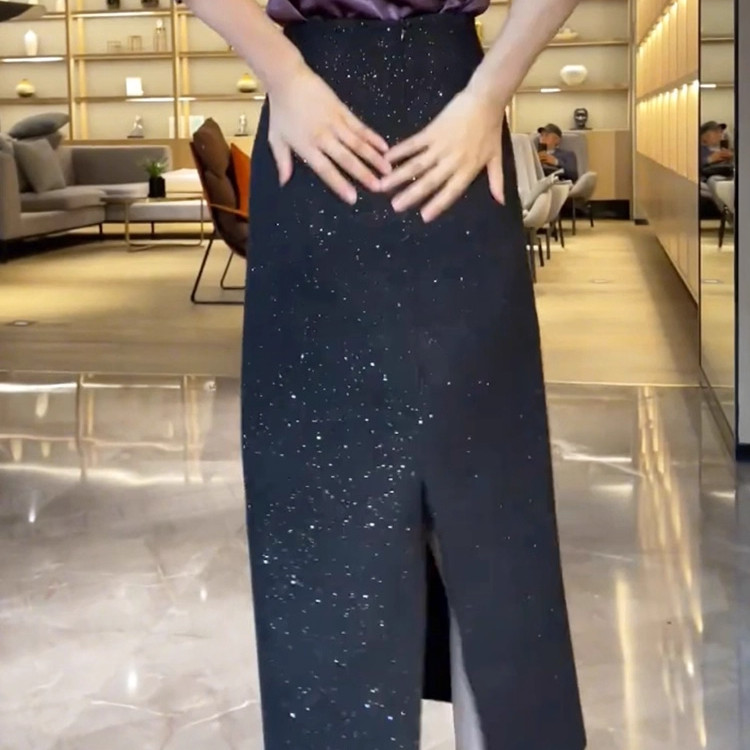 法式时尚亮片气质半身裙女秋季新款轻熟风高腰百搭开叉A字长裙
