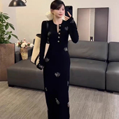 轻奢亮闪闪烫钻花朵黑色连衣裙女2025秋季 欧货女人味气质包臀长裙