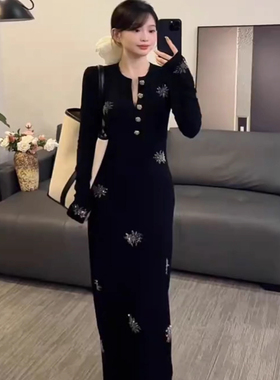 轻奢亮闪闪烫钻花朵黑色连衣裙女2025秋季欧货女人味气质包臀长裙