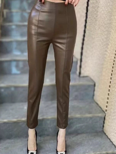 复古黑色高腰九分PU皮裤女2024新款时尚百搭显瘦打底裤小脚直筒裤