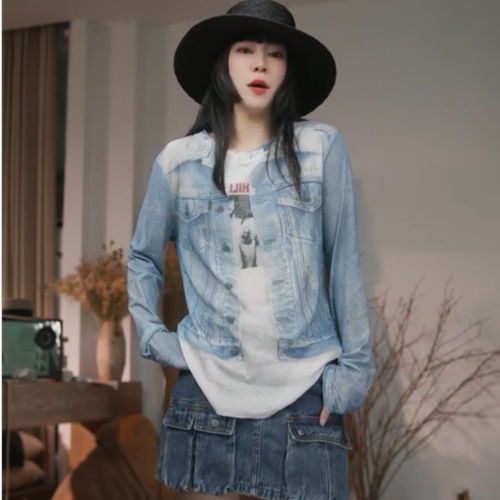 时尚牛仔视觉感长袖T恤女修身显瘦百搭设计感薄款上衣