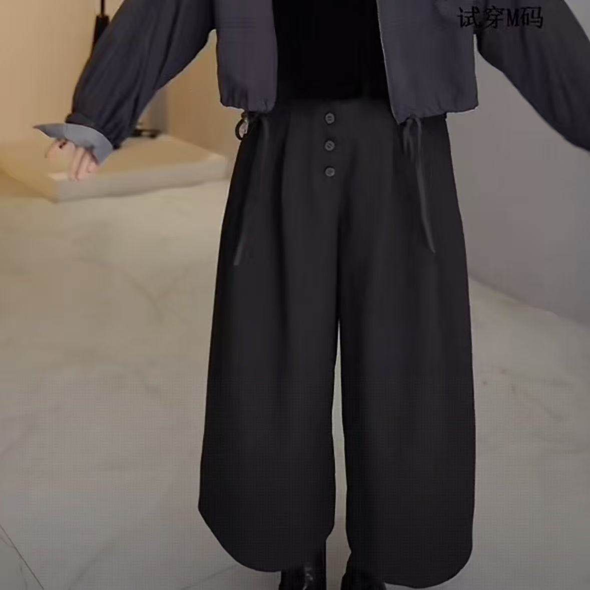 秋冬时尚高腰排扣压褶毛呢九分休闲裤直筒百搭排扣气质风阔腿裤,女装/女士精品,休闲裤,淘宝优惠券,粉丝福利购,淘宝优惠卷
