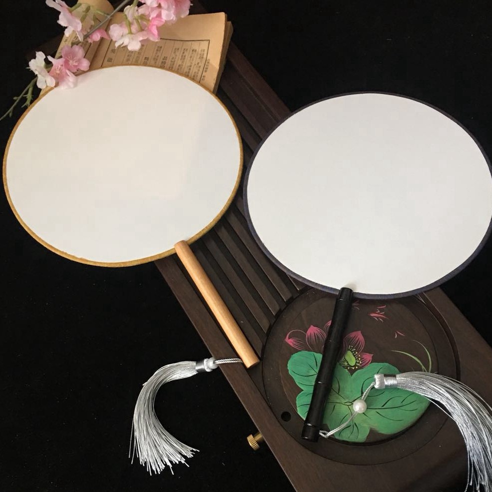 真丝空白团扇工笔手绘画国画DIY圆形熟娟矾娟布宫扇仿古刺绣扇子