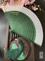 中国风复古风日式真丝折叠扇女式竹柄雕刻折扇子绿色纯色小竹汉服