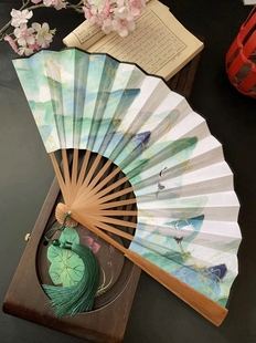 中国风扇子古风男生布面9寸竹山水绿色双面汉服折扇折叠夏季 纳凉