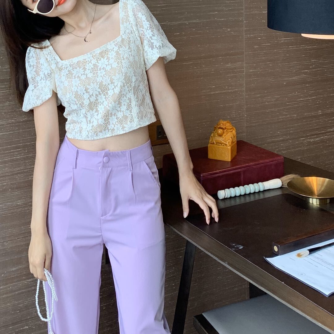 Real shot 2021 summer new retro square neck short lace shirt + high waist drop straight casual pants