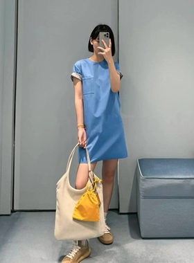 M家蓝色圆领连衣裙棉质府绸灰色针织里百搭叠穿显白小个子女生