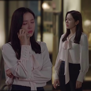 韩剧三十九孙艺珍同款浅粉色蝴蝶结飘带衬衫女神气质通勤衬衣单品