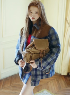 M家26ss刘浩存同款复古格子羊毛麂皮拼接夹克外套短裙连衣裙套装