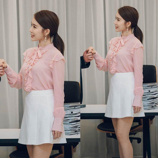 韩剧触及真心吴允书刘仁娜同款粉色飘带领荷叶边衬衫chic风雪纺衫