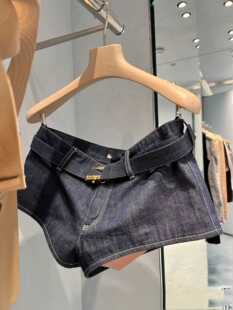 M家高定新款时尚百搭复古辣妹挂脖吊带牛仔背心高腰腰带牛仔短裤