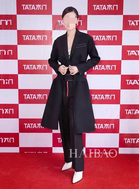 现货宋小佳同款黑色小西服领罗纹收腰风衣长款大码修身显瘦