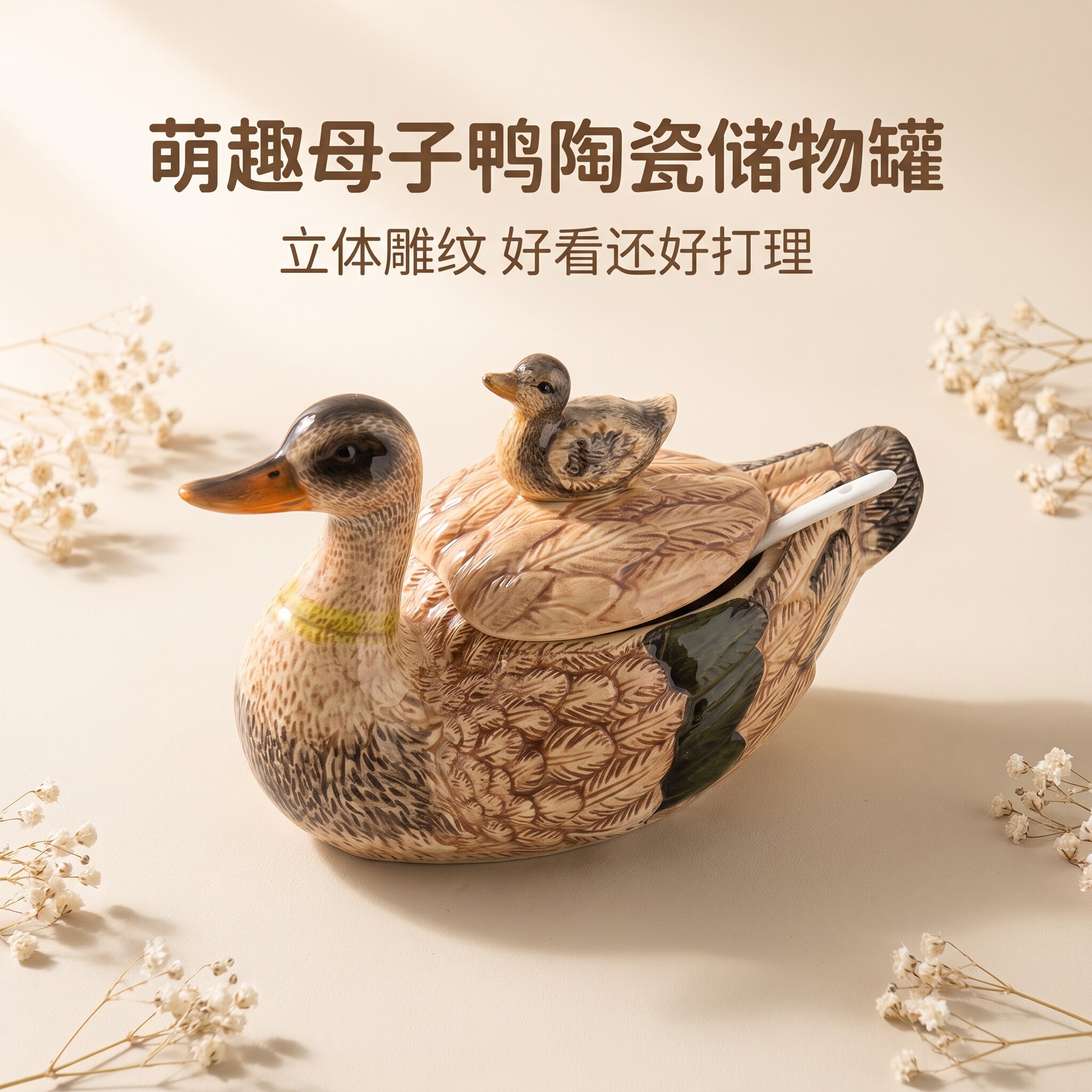陶瓷萌趣母子储物罐鸭立体雕纹