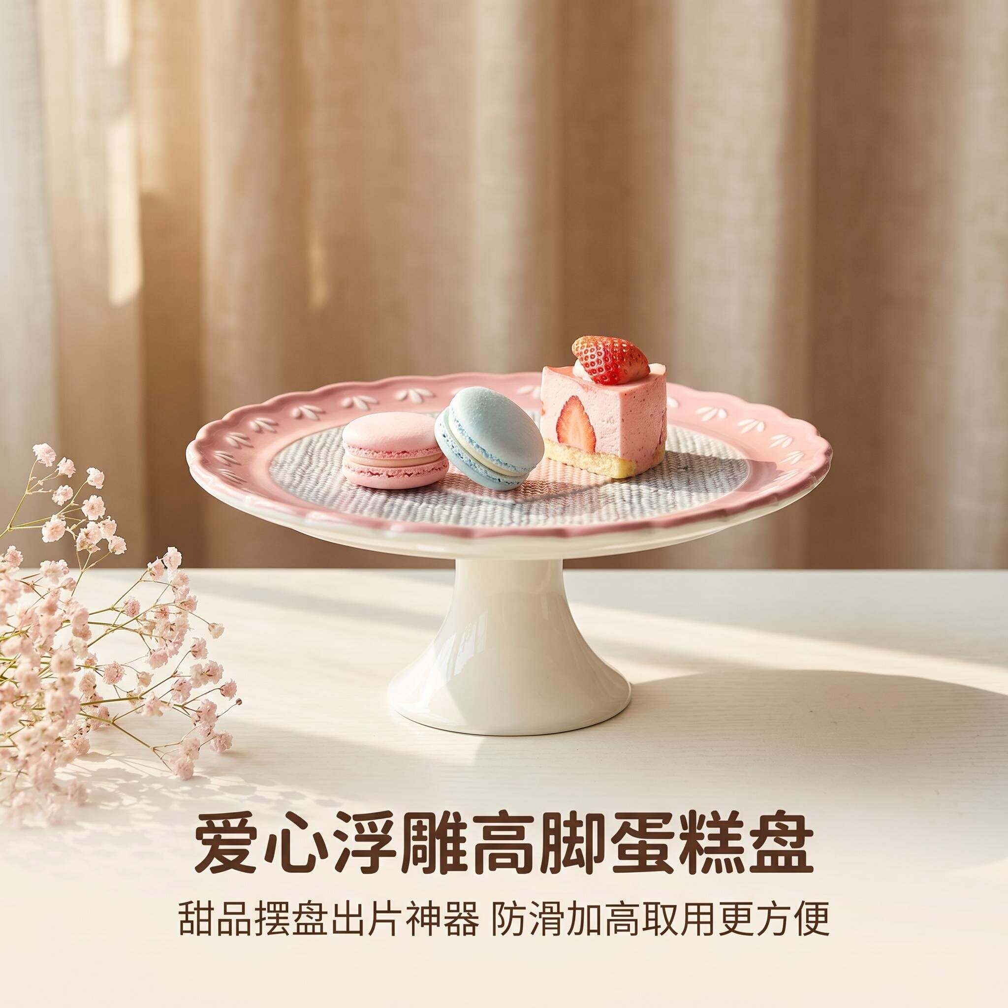 高脚蛋糕盘针织爱心浮雕陶瓷甜品摆盘防滑加高取用方便家用