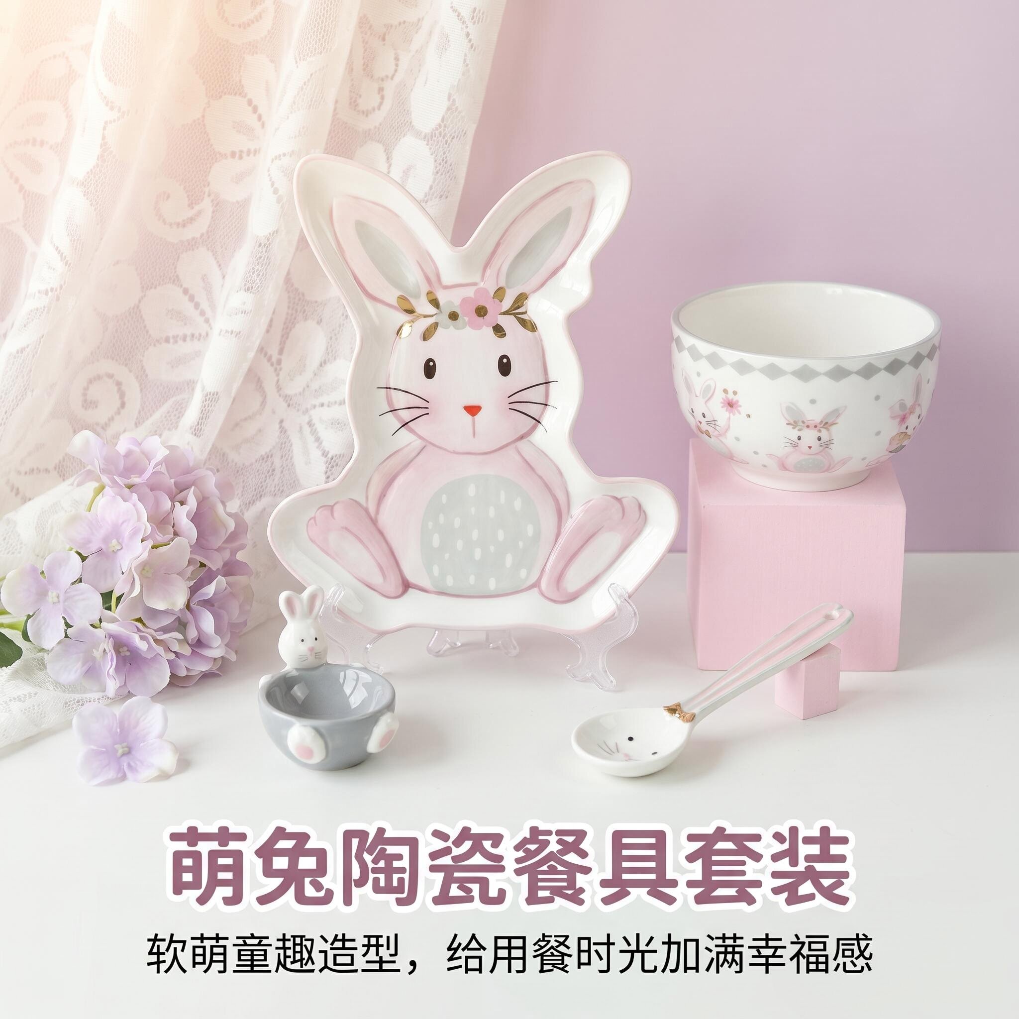 轻奢陶瓷浮雕餐具创意可爱兔子个性米饭碗盘套装家用早餐沙拉碗碟