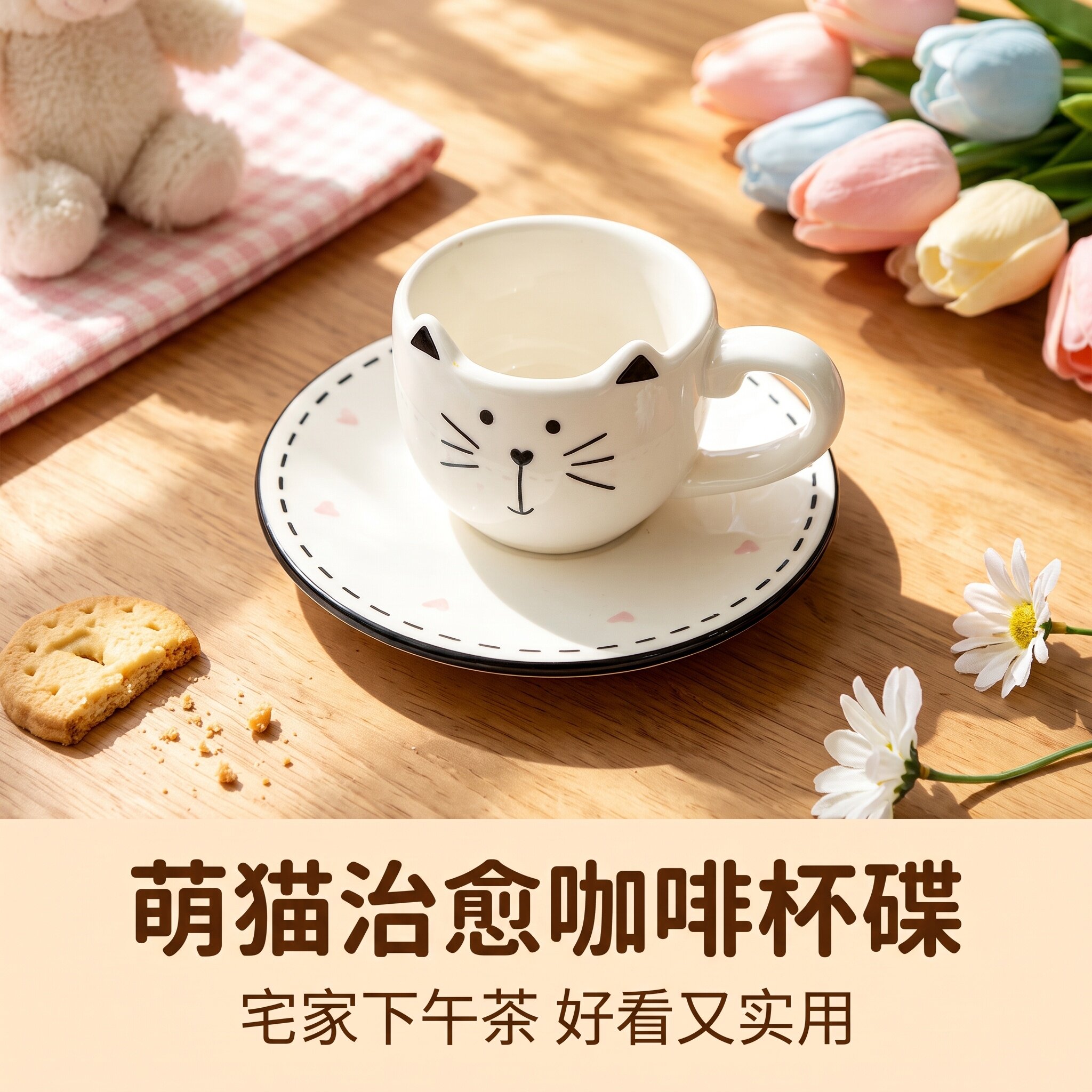 陶瓷卡通家用猫耳咖啡杯套装