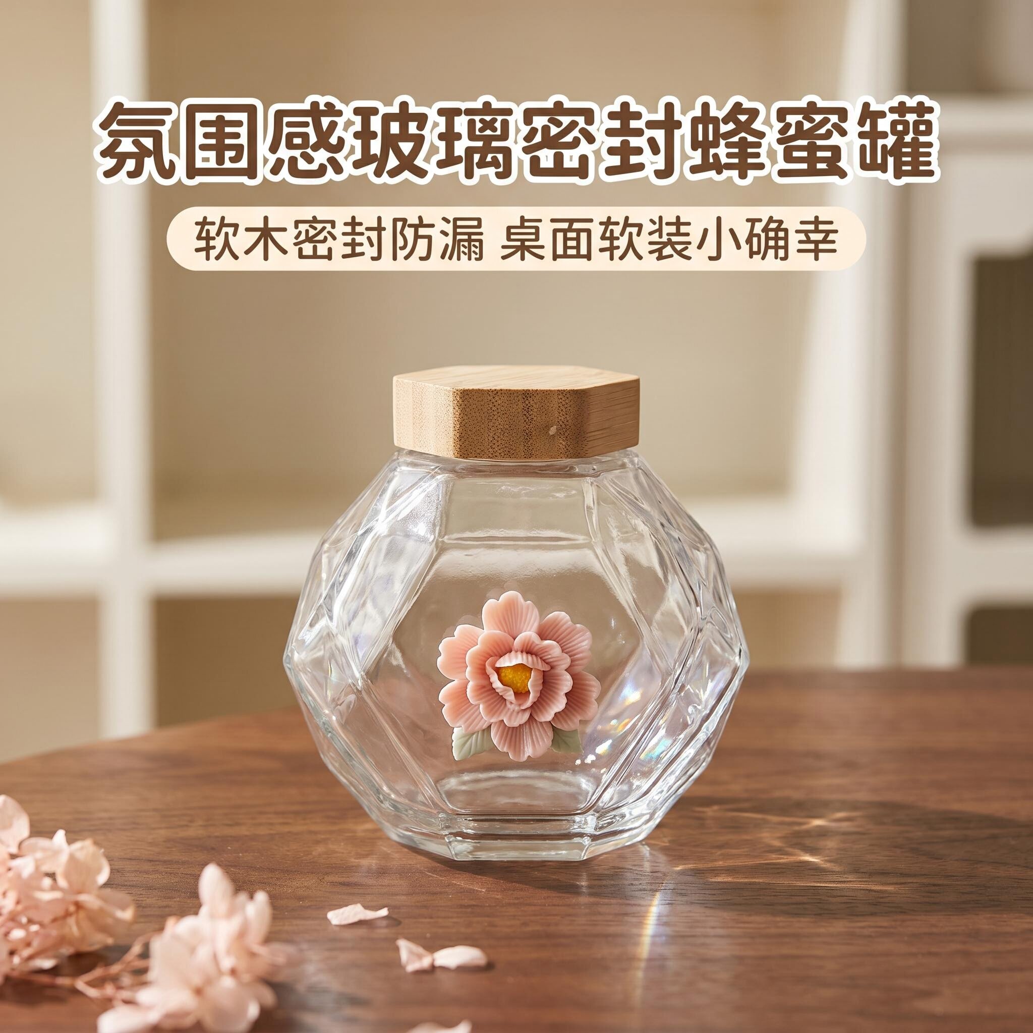 氛围感玻璃密封蜂蜜罐软木盖花朵装饰储物罐防漏桌面软装