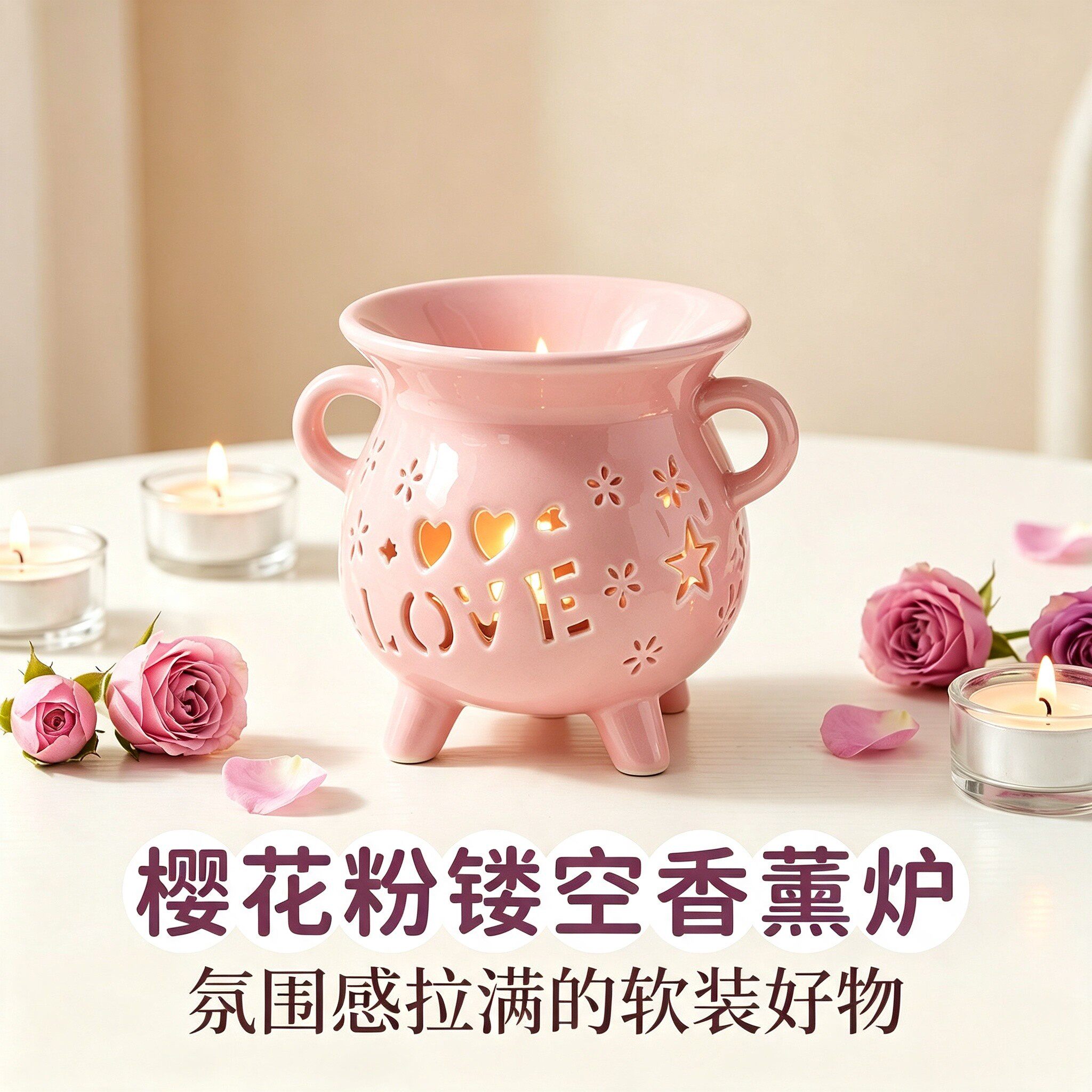陶瓷樱花粉香薰炉镂空陶瓷材质