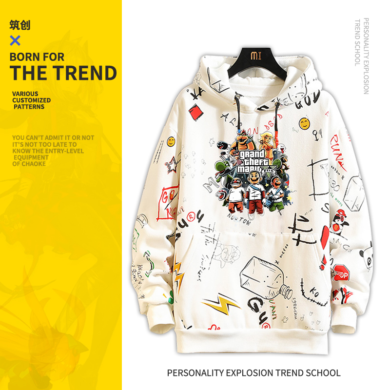 福利款2GTA侠盗猎车手联名马里奥游戏周边二次元涂鸦连帽加绒卫衣