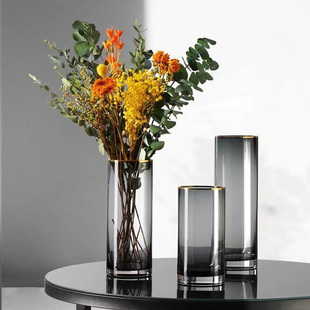 描金烟灰玻璃花瓶直筒透明客厅办公室桌面摆件鲜花水培水养插花器
