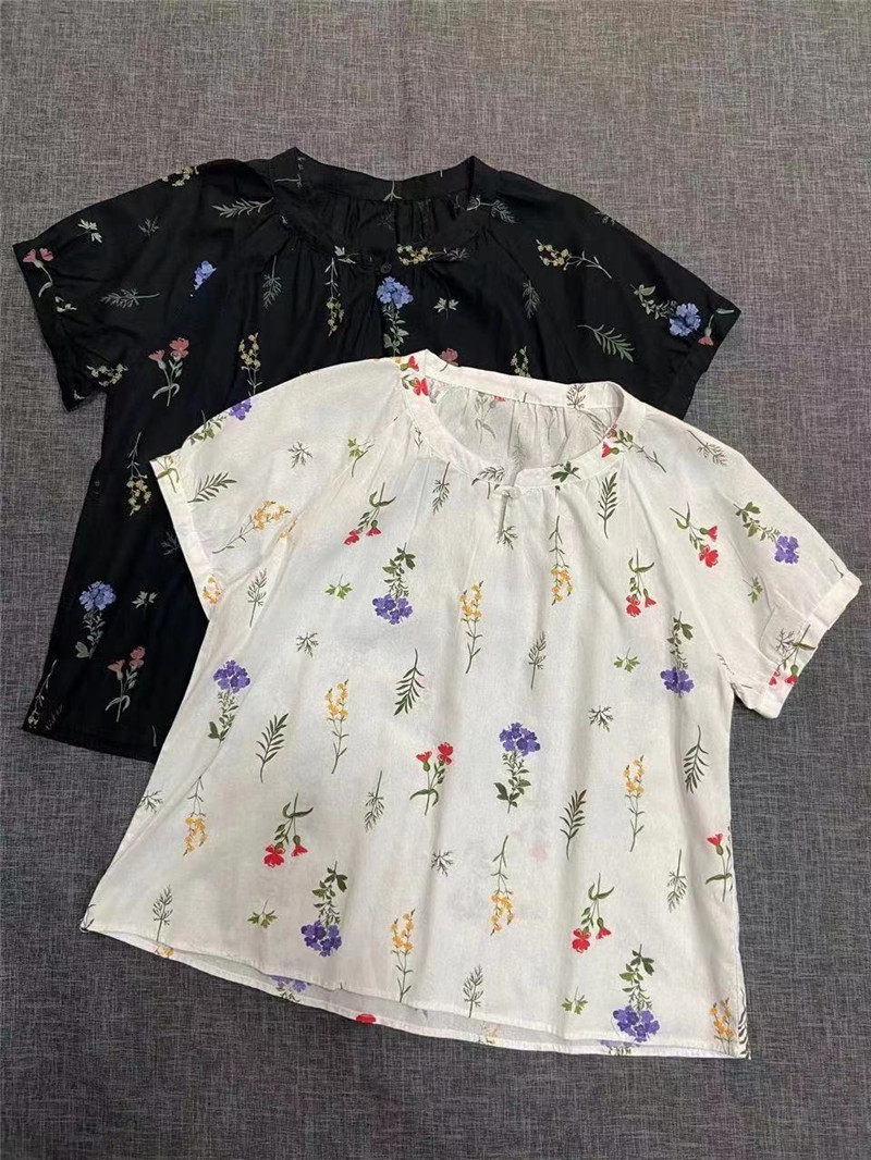 日本原单印花短袖衬衫女2025夏装新款立领显瘦套头一粒扣纯棉上衣,女装/女士精品,衬衫,淘宝优惠券,粉丝福利购,淘宝优惠卷