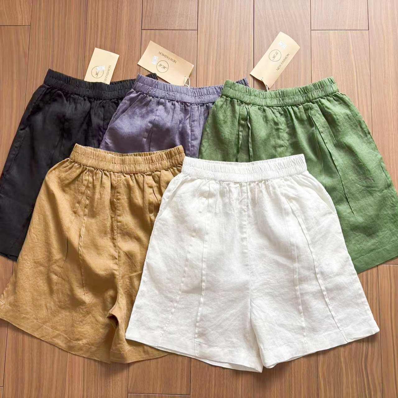 纯麻压褶高腰纯色短裤女2025夏装新款松紧腰亚麻靴裤宽松阔腿裤,女装/女士精品,休闲裤,淘宝优惠券,粉丝福利购,淘宝优惠卷