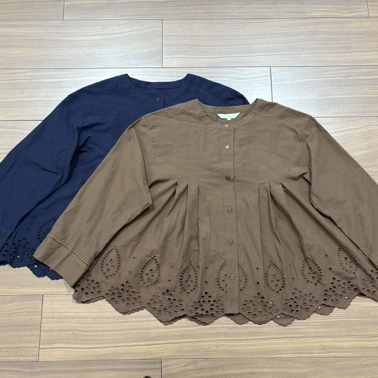 日单镂空波浪边长袖衬衫女2025秋季新款甜美圆领宽松显瘦纯棉衬衣