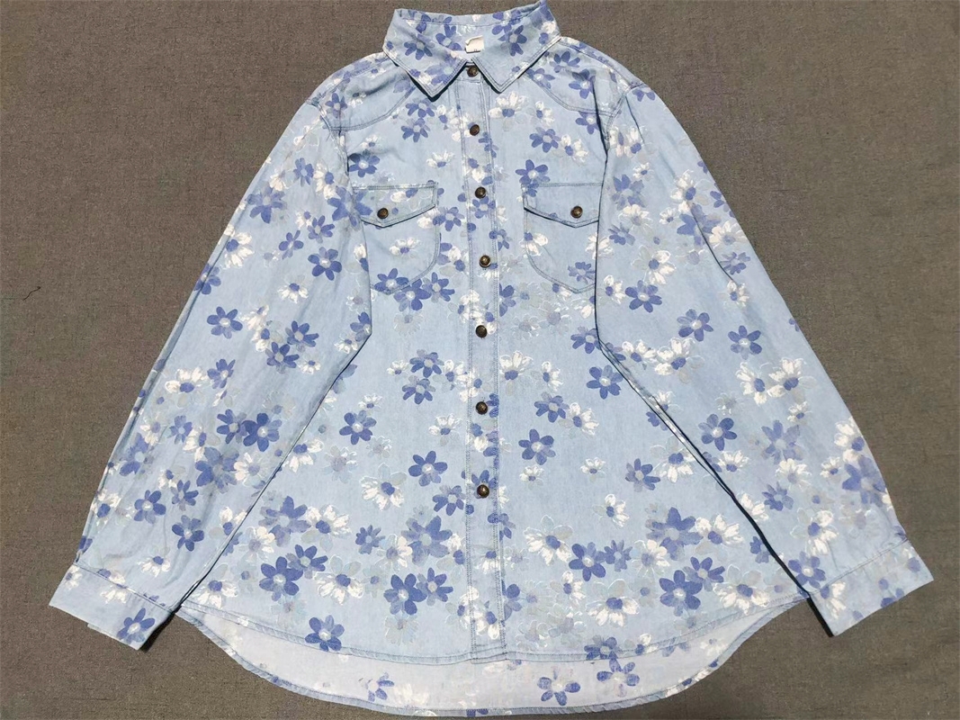 长袖牛仔纯棉衬衫日单提花甜美