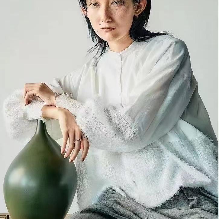 官网绒丝拼接长袖衬衫女2025春季新款甜美灯笼袖立领时尚宽松上衣
