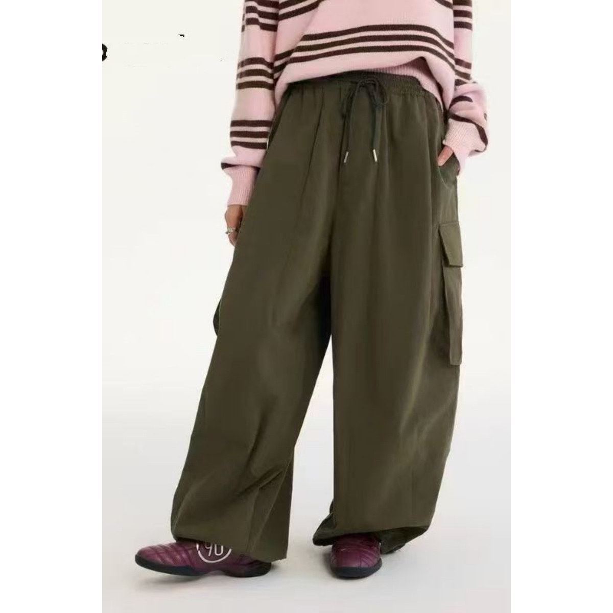 官网高腰气球裤女2026春季新款纯棉系带松紧腰长裤宽松时尚工装裤,女装/女士精品,休闲裤,淘宝优惠券,粉丝福利购,淘宝优惠卷