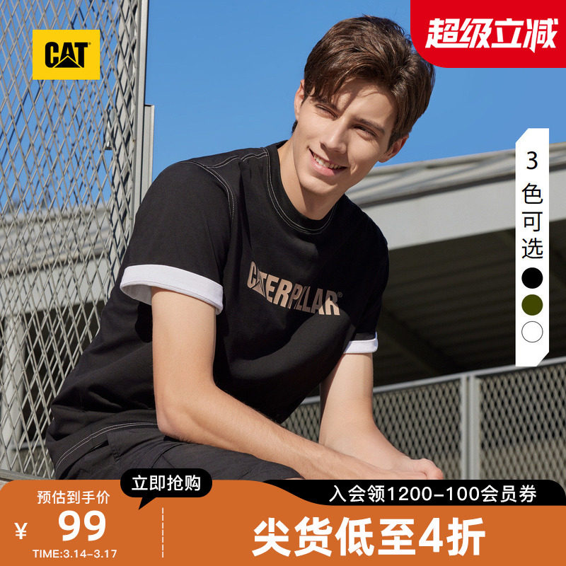 CAT卡特夏季男士撞色设计logo印花宽松美式复古短袖T恤