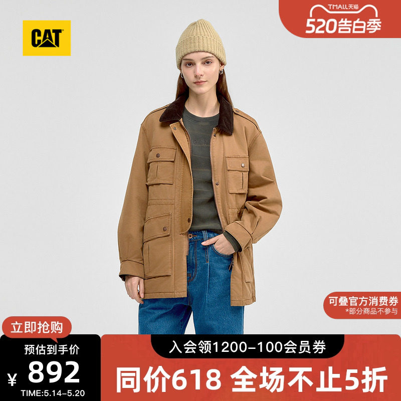 CAT卡特秋冬女士复古工装中长款保暖灯芯绒翻领棉服商场同款
