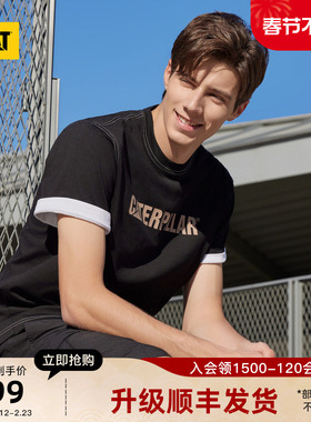 CAT卡特夏季男士撞色设计logo印花宽松美式复古短袖T恤