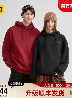CAT卡特25秋冬新品男女同款微落肩插袋抽绳连帽刺绣新年红卫衣