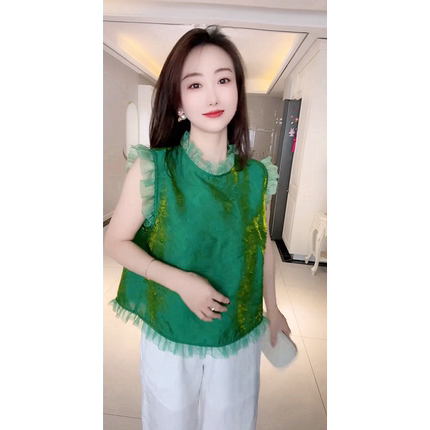 特价清仓珠光纱衬衫女夏季新款时尚百搭设计感新中式鎏金无袖小衫