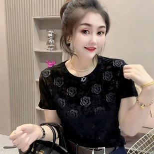 欧货2026夏季新款花朵微透短袖t恤女修身植绒上衣内搭打底衫薄款